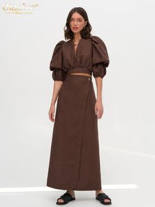 Vestido de duas peças moda clacive linho marrom solto 2 seta