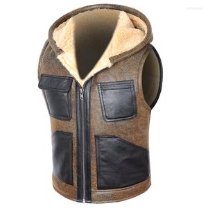 Gilet da uomo Qualità Uomo Pelle di pecora Gilet in vera pelle alta Foderato in lana Spessore Caldo Vero senza maniche Casual Giacche con cappuccio Gilet invernale