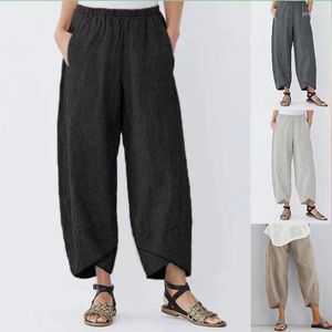 Dżinsowe dżinsy kobiety vintage lniane spodnie letnie solidne sprężyste talia szerokie nogi spodnie kieszonkowe asymetryczne luźne pantalon capris harem