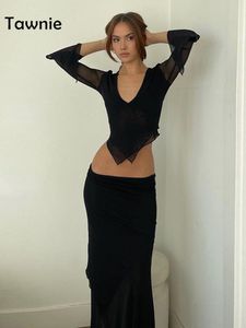 Two Piece Dress Tawnie Y2K Mesh Skirt 2 Pieces Set 2023 Summer Casual V Neck Long Sleeve Crop Top Bodycon Maxi Matching Sets Outfit 230506