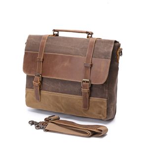 Briefcases Waxed Canvas Man Briefcase Crazy Horse Leather Working Handbag Messenger Bag Vintage Style Men's Laptop With Personalization 230506