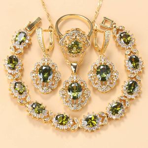 Earrings Necklace 10-Colors Cubic Zirconia Women Accessories Gold Plated Olive Green Zirconia Charm Bracelet And Ring Jewelry Sets 230506
