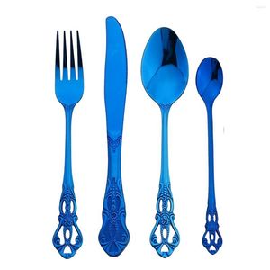 Set di posate Posate blu vintage Coltello da cena in acciaio inossidabile Coltello forchetta Cucchiaio Stoviglie Specchio Stoviglie da cucina lunghe occidentali