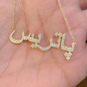 Pendant Necklaces Custom Arabic Name Necklace Crystal Personalized Islamic Nameplate Gold Chain Stainless Steel Jewelry For Women 230506