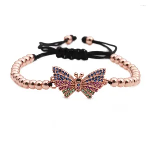 Strang FYJS Einzigartiger roségoldfarbener Schmetterling mit Zirkonia-Metallkugelperlen, dehnbares Armband, temperamentvoller Schmuck