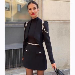 Zweiteiler Kleid Langarm Karriere Büro Blazer Set Crop Top Minirock Anzüge 2 Stück Passende Sets Frauen 2023 Herbstmode Schwarz