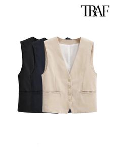 Women's Vests TRAF Women Fashion Front Buttons Cropped Waistcoat Vintage V Neck Sleeveless Female Outerwear Chic Tops 230506