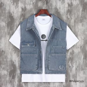 Mäns västar vårens sommar ärmlös denimjacka Tooling Vest Men Lose Jeans Waistcoat Korean Fashion Youth Cargo Coat Multi Pocket Blue 230506