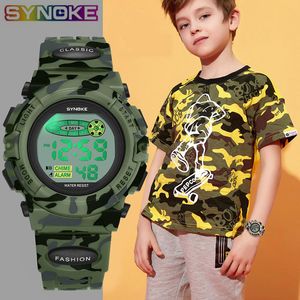 Barnklockor Synoke Sports Militära barn Digitala klockor Student Children's Watch Fashion Lys LED Alarm Camouflage Green Boy Clock 230508