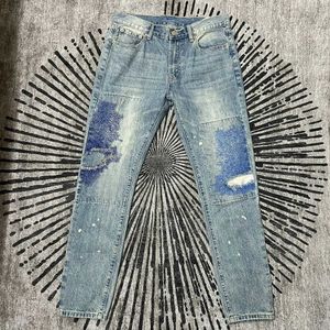 Herr jeans riktiga bilder tunga broderier tvättade jeans män kvinnor lapptäcke streetwear överdimensionerade denimbyxor t230508