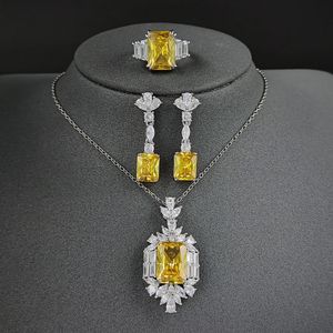 Pendant Necklaces Luxury Yellow Color Rectangle Jewelry Sets for Women Anniversary Gift Wholesale J6596 230506