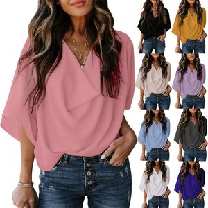 2023 New European and American Chiffon Shirt Loose V-neck Casual Top T-shirt Women