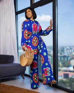 Этническая одежда 2023 Лето в синих подходящих наборах для африканских женских вечеринок Припечатка Dashiki Design Design Nigeria Женская 2 штука повседневные наряды