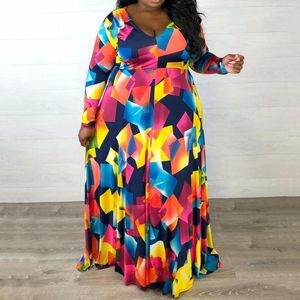 Plus Size Kleider Mode Damen Kleid Pendler Elegant Lose Druck V-Ausschnitt Langarm Afroamerikaner Damen Für Sommer 2023