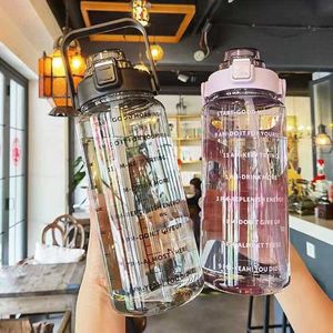 2L Water Bottle with Straw Female Girls Large Portable Travel Bottles Sports Fitness Cup Summer Cold Water with Time Scale