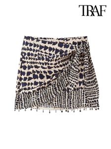 Spódnice Traf Women Fashion z koralikowymi drukowaniem mini spódnica vintage wysoki talia