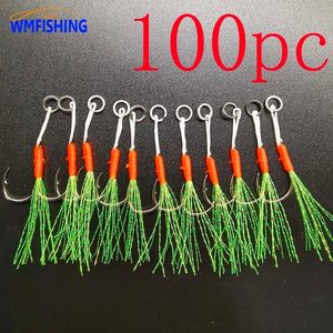 Ami da pesca 100 pz / lotto Assist Hook Lure Fish Cast Jigs Barbed Single Jig Thread Feather Pesca Acciaio al carbonio Peche Slow Jigging 230508