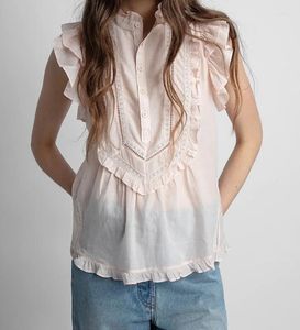 Women's Blouses Woman Nude Pink Sweet Blouse Ruffled Detail Sleeveless Stand Collar Lace Patchwork Half Buttons Fashion Tops 2023