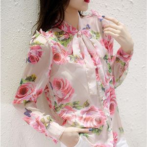 Women's Blouses Chiffon Shirt For Women 2023 In Floral Print Vintage Fashion Long Sleeve Loose Top Bow French Style Summer Spring