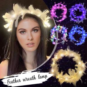 UPS Led Light Feather Wreath Halo Bridal Floral Crown Hair Band Wreath Mint Head Wreath Party Wedding Headpiece Bridesmaid