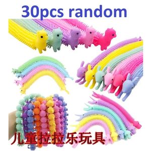 Novelty Games 30 3PCS Funny Unicorn Pull Worm Noodle Fidget Toys Stretch String TPR Rope Anti Stress Relief Autism Vent Toy 230508