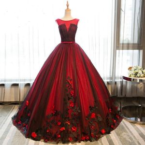 Quinceanera Dresses Princess Black Red Flowers Appliques Ball Gown Scoop Lace-up with Tulle Plus Size Sweet 16 Debutante Party Birthday Vestidos De 15 Anos 106