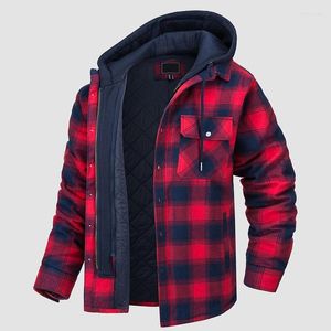 Men's Trench Coats Men's Autumn And Winter Thick Cotton Plaid Long Sleeved Loose Hooded Jacket