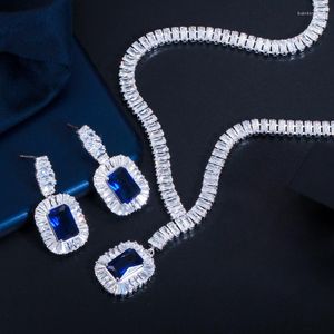 Kolye küpeler seti düğün bilezik takılar kare mavi taş kolye lüks moda klasik gelin aksesuarları kadın setleri