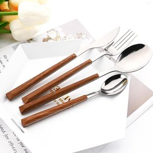 Flatware Sets 4/16/24P Cutlery Set Stainless Steel Knife Fork Spoon Dinnerware Kitchen Tableware Imitation Wood Handle