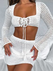 Women's Swimwear wsevypo 2 Pieces Hollow Out Crochet Knit Sets Women Beach Wear Bikini Cover-ups Long Sleeve Tie-Up Crop Tops+Sarongs Mini Skirts Y23