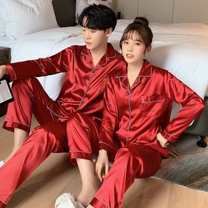 Men's Sleepwear Solid Color Silk Satin Pajamas Couple Set Long Button Down Pyjamas Suit Pijama Women Men Loungewear Plus Size Pj 230506