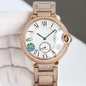 Relógio masculino luxuoso com diamante, aço inoxidável/ouro rosa, movimento automático, algarismos romanos, mostrador branco, cristal de safira, 42mm