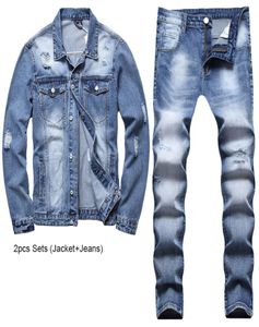 Gescheurde stijl Men039s jasjeans sets herfst tracksuits casual losse lage mouw top bijpassende denim broek lichtblauwe kleding 2935454