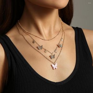 Hänghalsband boho mode multilevel halsband för kvinnor vintage kvinnlig tjej guld färg geometrisk kedja rosa fjärilsstjärna smycken