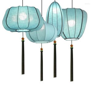 Pendant Lamps Antique Chinese Style Blue Cotton Cloth Lantern Cord Lamp E27 Droplight For Teahouse Restaurant House