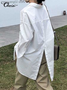女性用ブラウスシャツ2023ファッションシャツホワイトチュニックトップ秋の女性長袖ブラウスカジュアルソリッドボタン非対称ルーズパーティーBlusas T230508