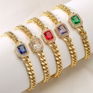 Gold Color Cuban Link Chain Red Blue Green Colorful CZ Cluster Charm Fashion Women Bracelet