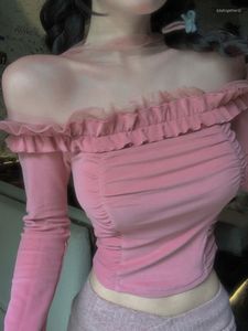 Women's T Shirts Deeptown Y2k Fairycore Transparent Patchwork Pink Crop Tees Women Coquette Ruffles Long Sleeve Tops Korean Slim Corset