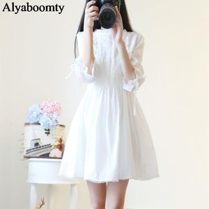 Dress Mori Girl Spring Summer Women White Dress Ruffled Collar Floral Elegant Princess Fairy Dress Half Sleeve Bandage Cute Chic Dress