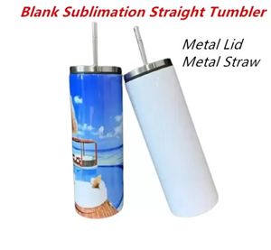 Boş sublimasyon Metal kapağı ile Tumbler 20oz Düz bardak paslanmaz çelik ince yalıtımlı araba kupaları bira kahve içme şişeleri SS0508