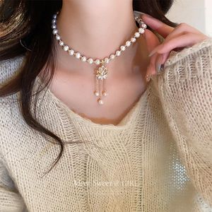 Kedjor Elegant Big White Imitation Pearl Bead Necklace For Women Zircon Lotus Tassel Pendant Sweet Wedding Party Jewelry Gift