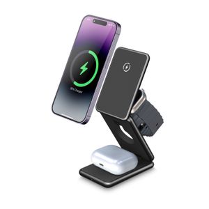 الشاحن اللاسلكي الألومنيوم سبيكة Magnetic 3 في 1 شحن staion 23w pd QC3.0 Starger Fast Charger Stand for Apple iPhone 15 14 13 Watch // Airpods/earbuds Samsung Watch 3/4/5