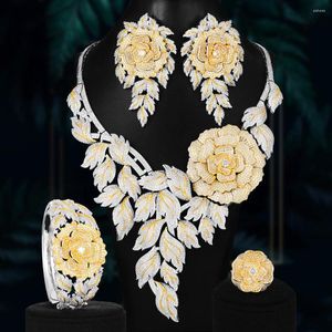 Collana Orecchini Set 4 PZ GRANDE Lusso Bicolor Peonia Fiori Dichiarazione Gioielli Per Le Donne Matrimonio Africano Zircone Cubico CZ Dubai Nuziale