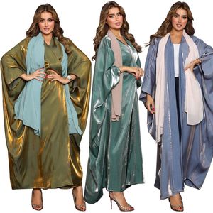 QNPQYX New Muslim Abaya Dress Dubai Silk Satin Solid Batwing Sleeve Moroccan Kaftan Casual Loose Open Abaya Kimono Turkish Islamic Clothing