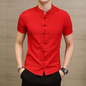 Men's Casual Shirts Man Chinese Traditional Style Shirt Summer Short Sleeve Buckle Button Stand Collar Thin White Red Boys Plus Size