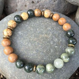 Strand WMB20997 Heilungsenergie Greenline und Bildjaspis Edelstein Handgelenk Mala Gebetskette Yoga Armband für Männer Frauen