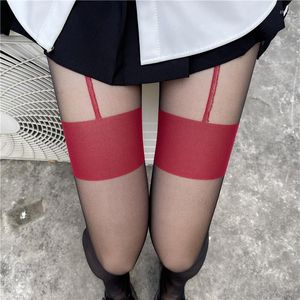 Women Socks Summer Women's Sexy Black Pantyhose Thin Fashion Design Red Edge False Suspenders Stockings Open Crotch Spice Nylon Tights