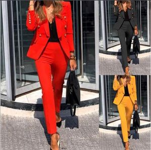 Nya kvinnors tvåbitar byxor Kvinnor Blazer Suit Set Solid Color Fake Flap Pockets Two-Piece Lapel Button Jacket Pencil Dress Wedding Wedding