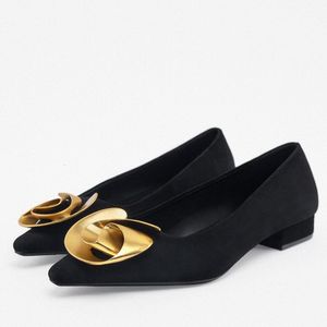Dress Shoes TRAF Women Black Pointed toe Ballet Flats Fashion Metal Flower Flats Shoes Woman Suede Sandals Casual Office Lady Single Shoes 230508