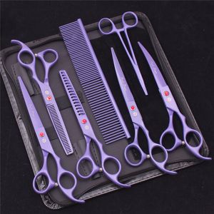 Hår sax 7.0 Pet Grooming Scissors Set Japanese Steel Straight Curved Dog Cat Cutting Thunning Shears Hair Comb Hemostatiska pincett Z3103 230508